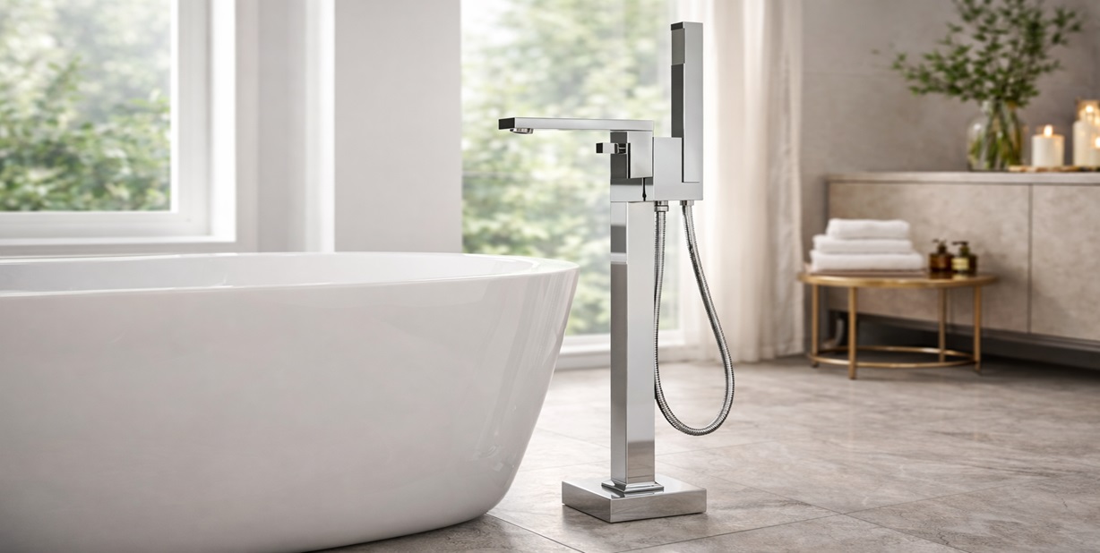 Fontana Leini FS7898CH chrome waterfall freestanding tub faucet with handheld spray